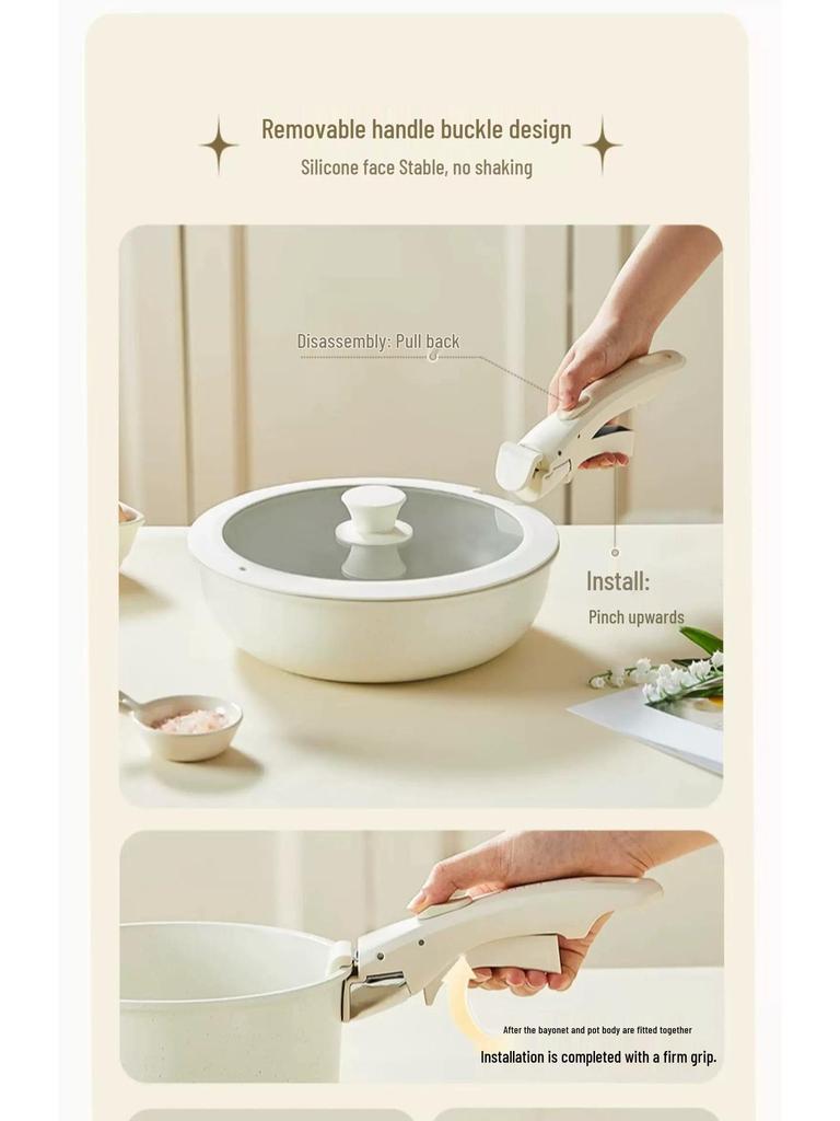 Detachable Handle Non-Stick Maifan Stone Cookware Set: Stir-Fry & Flat-Bottomed Pan for Induction Cookers.