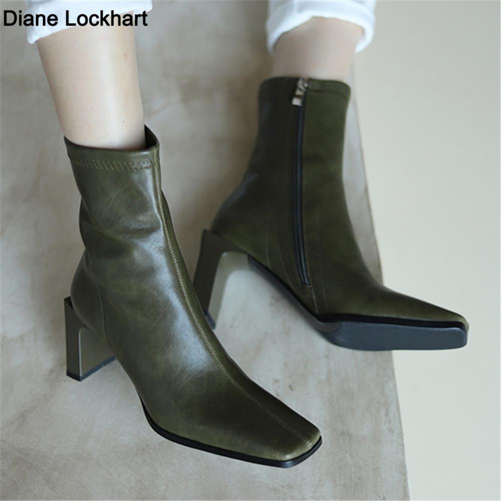 Fashion 2025 New Spring Autumn Cow Leather Retro Square Toe Zipper High heels Ankle Boots Square Heel All Match Women Shoes Green 33-40