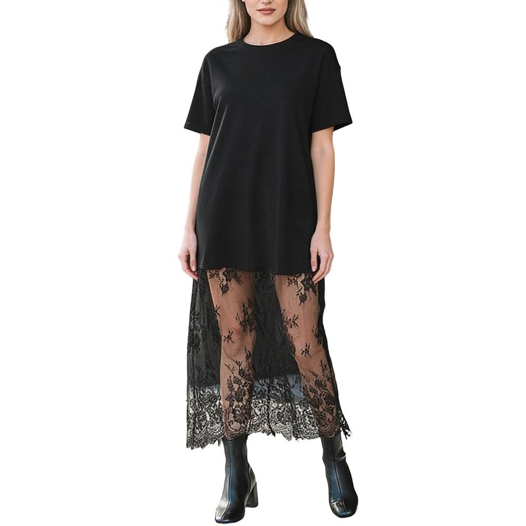 Abito da Donna in Pizzo Manica Corta Girocollo Patchwork T-shirt Abito Lungo Estivo Casual Leggero Abito Stratificato