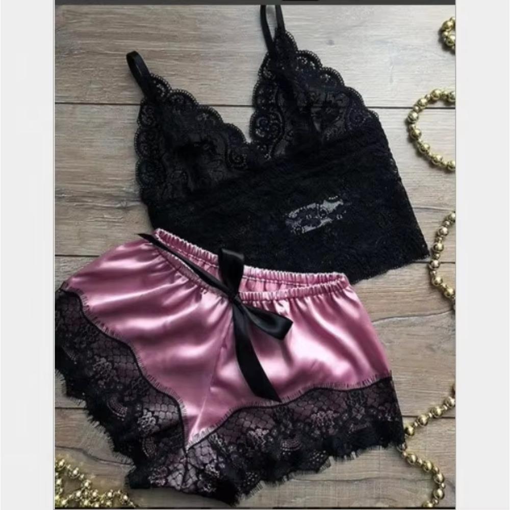 2PcsSet Women'S Pajamas Underwear Sexy Silk Satin Lingerie Women'S Sexy Lace Halter Top Shorts Pajamas Set
