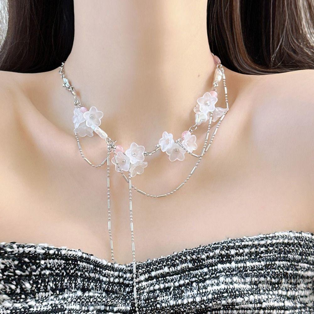 Light Luxury Sakura Necklace French Design Lockbone Chain Tassel Necklace  Niche Collection