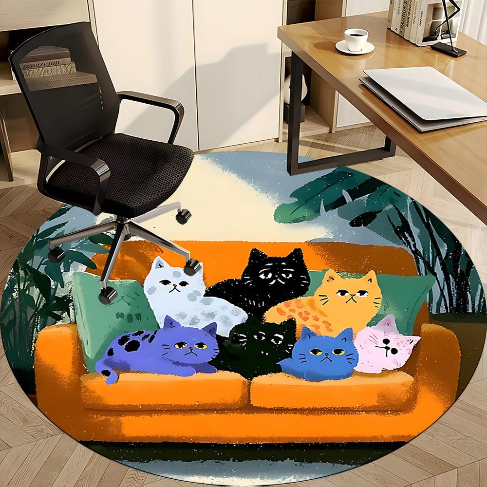 1PC Cat Family Office Round Area Rug,  Mat Suitable ForOffice, Under Office Chairs Bedroom Living Room Home Decor, Room Deco