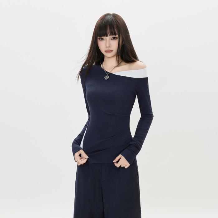 

2025 Autumn/Winter Women s Colorblock Ruched Slim Fit Long Sleeve Top - Unique Design, Versatile and Comfortable Medium