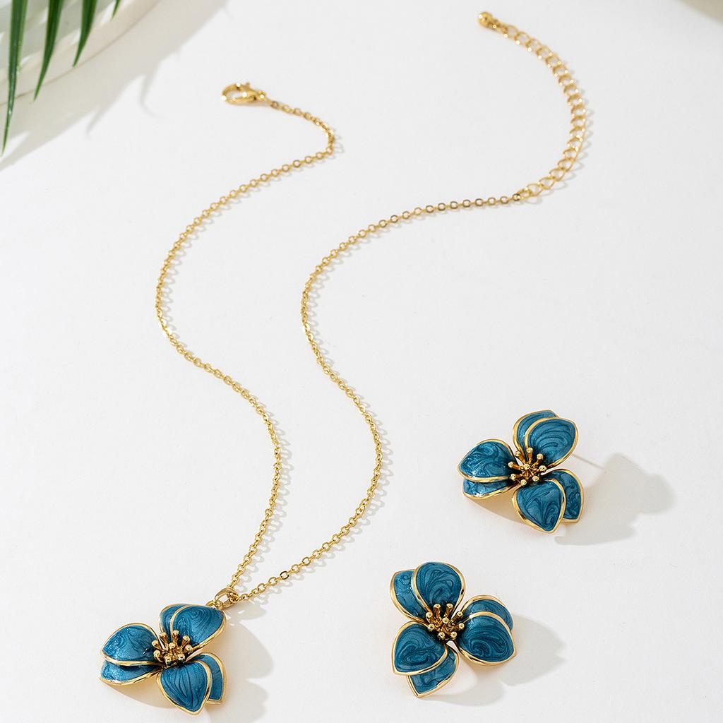 Simple Oil-Infused Flower Earrings And Necklace Set - Casual Jewelry Set For Women