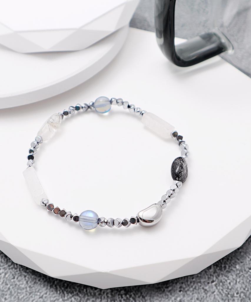 Polalita Lunar Blue Glow & White Stone Mix Bracelet (Plt-Br-102_Sv)