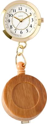 Fieldwork Women's Analog Pocket Watch, Pocock Keychain, Telescopic Reel, Wood-Look Design, Pulse Meter, Luminous Data Display, Cute Gold Brown,