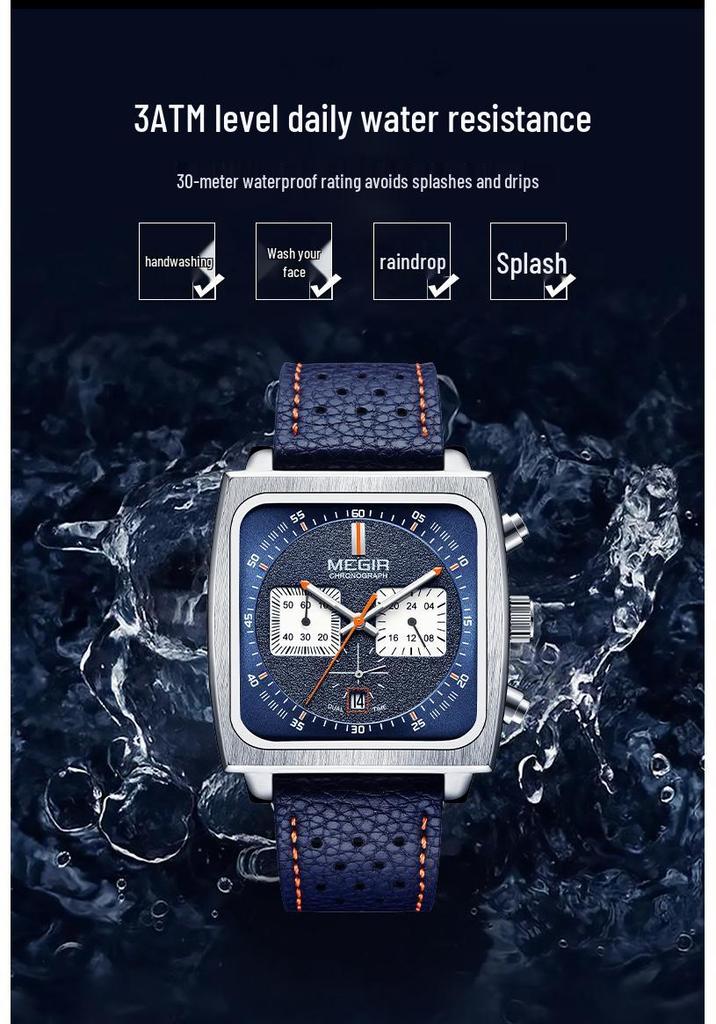 MEGIR Men's Square Genuine Leather Chronograph Quartz Watch