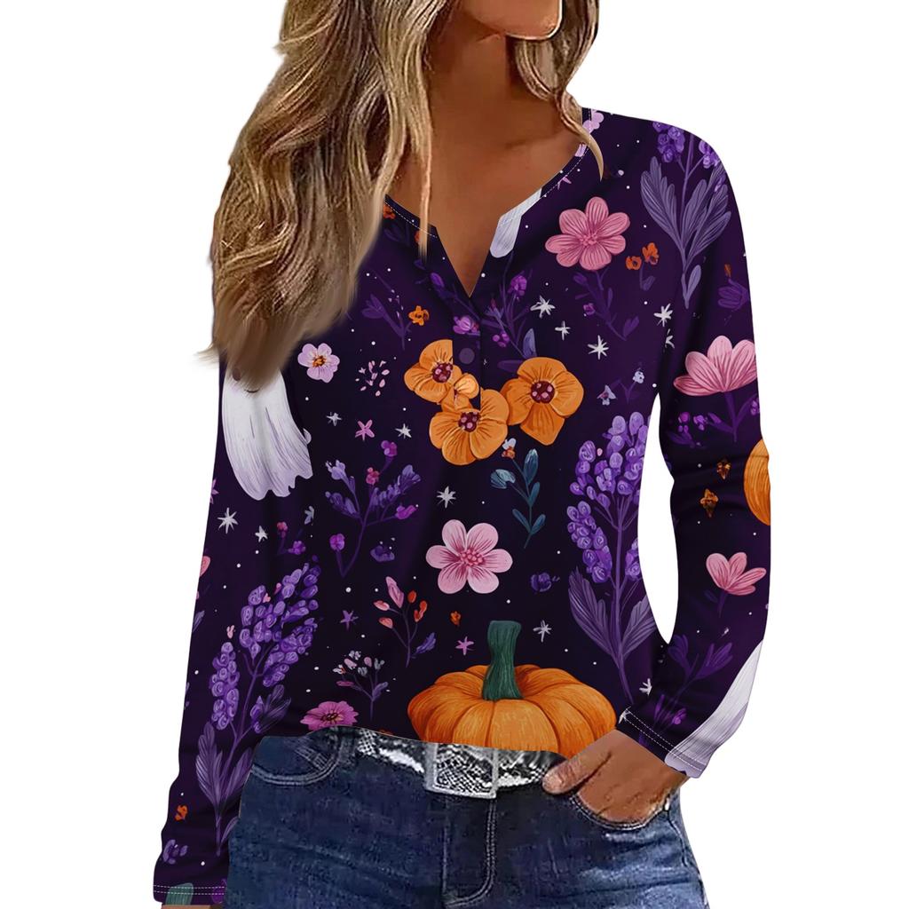 Women's Casual Long Sleeve V-Neck T-Shirt with Halloween Print and Button for Holiday Outfits