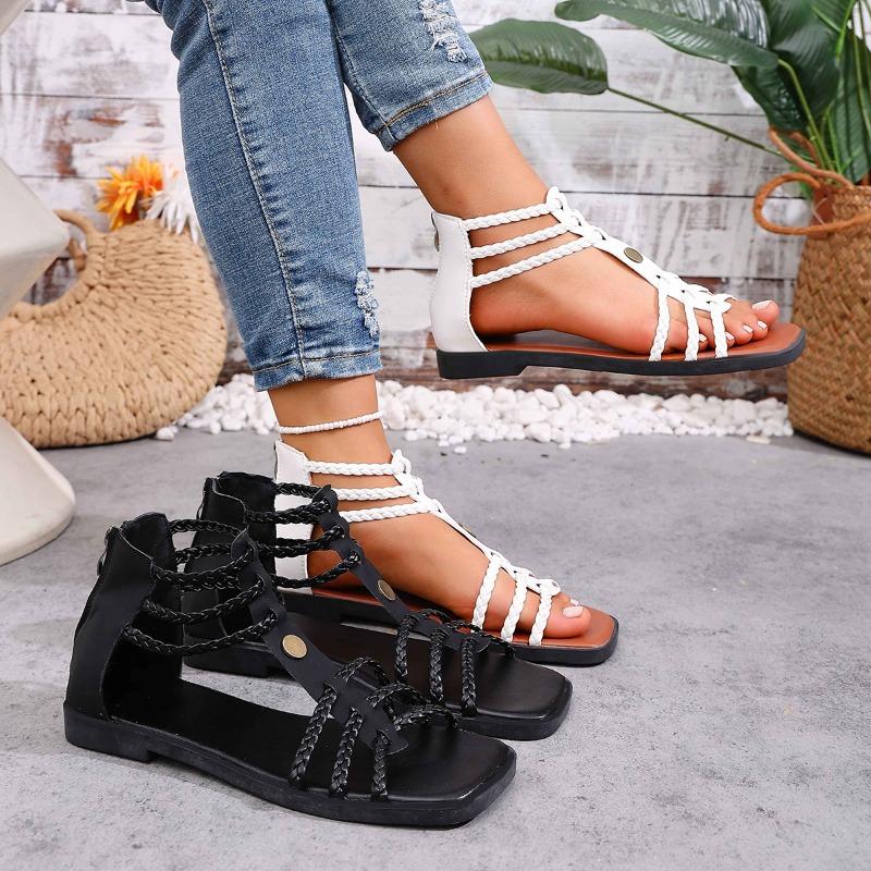 Sandalias Planas de Verano para Mujer con Múltiples Tiras, Modernas Versátiles Estilo Europeo, Disponibles en Tallas Grandes.