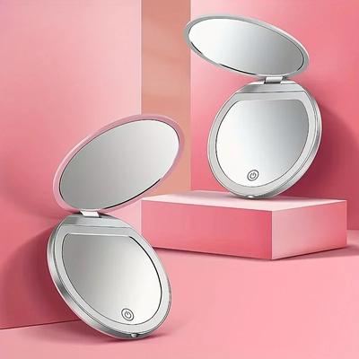 Tragbarer LED Reise-Make-up-Spiegel mit 2-facher Vergrößerung und dreistufiger Dimmung - Doppelseitig, Handlich, Kompakt und Klappbar