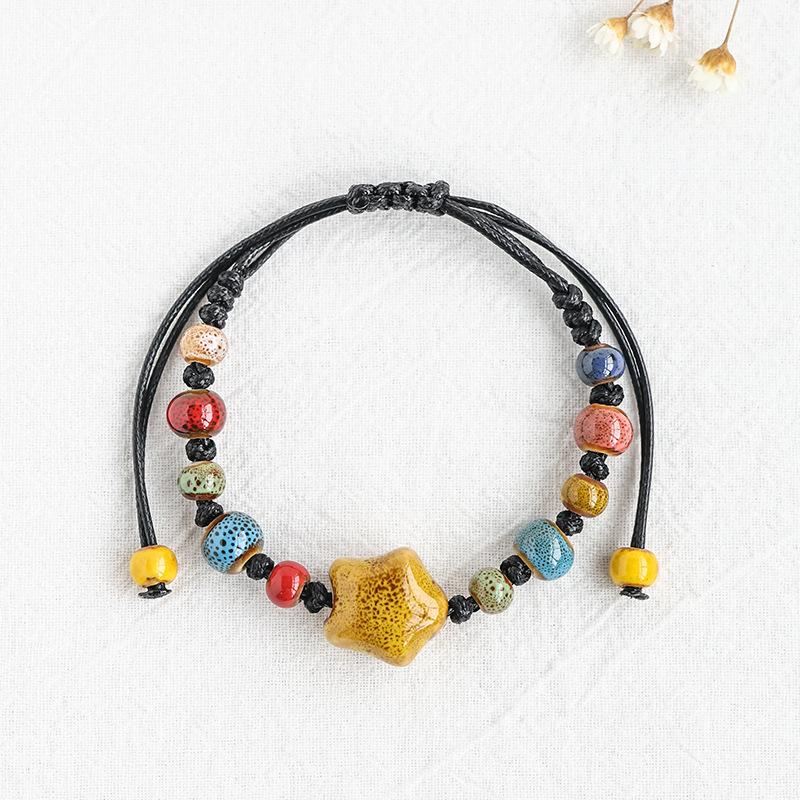 Kaseakia Handmade STAR Vintage Ceramic Stone Beads Wax Cord Adjustable Beaded Bracelets Bohemian Boho Jewelry for Women