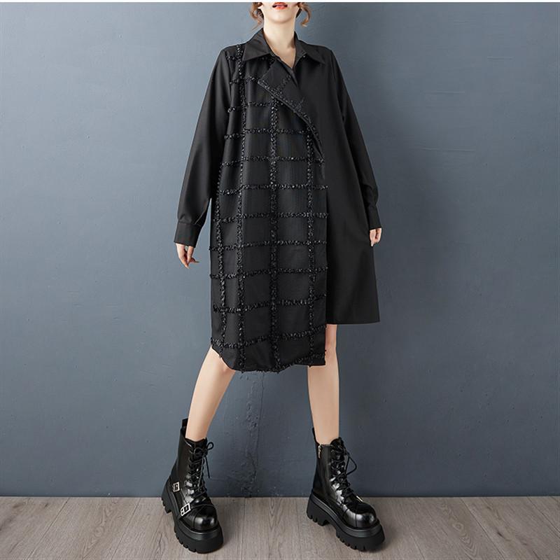 Langärmeliges Übergröße schwarzes Vintage neu in Kleider für Frauen Frühling Herbst lässig locker Midi Hemdkleid