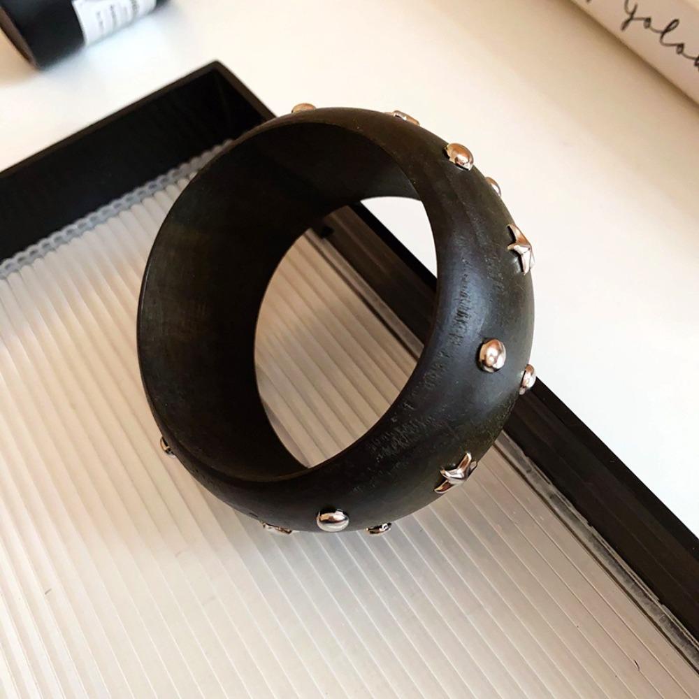 Punk Wooden Bracelet Wide Rivets Bangle Simple Round Bracelet Women