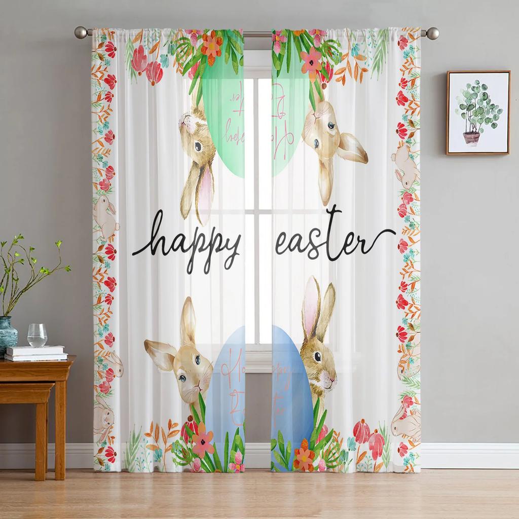 Happy Easter Curtains Bedroom Living Room Festival Decor Flower Bicycle Cartoon Rabbit Tulle Curtain Window Drapes Light Filtering Polyester Ideal For