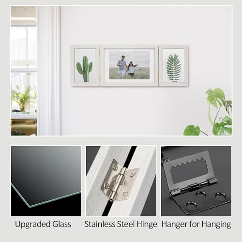 Afuly Photo Frame, Postcard Size, 2L, 3-Panel, Stylish Folding Photo Frame, Tabletop/Wall-Mountable, Wood Grain Finish, White, Perfect Gift for Weddin