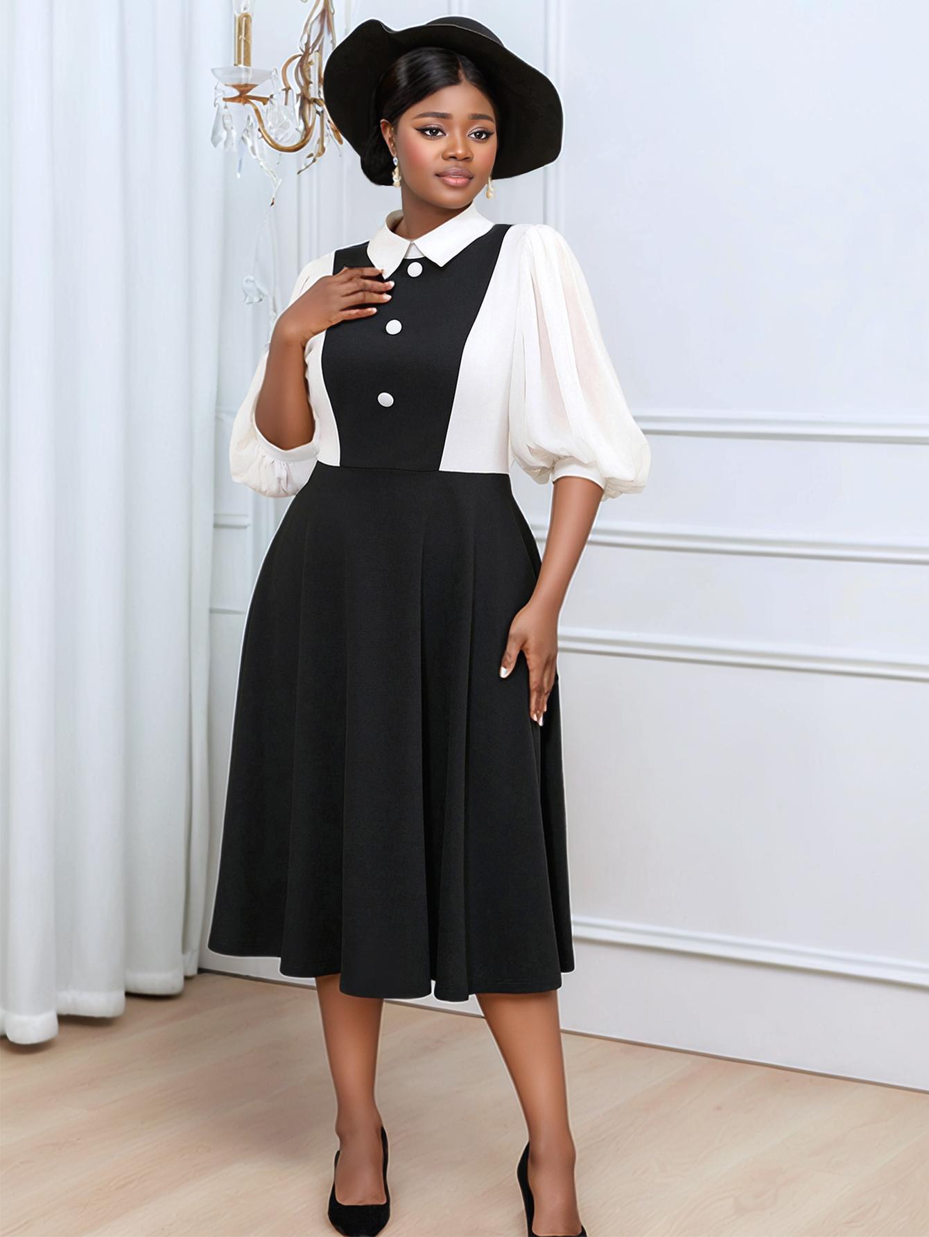 

AOMEI Elegant Dresses Plus Size Lantern Sleeve High Waist Causal A Line Patchwork Turn-Down Collar Dress for Women 0XL чорний