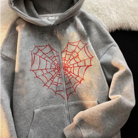 Colored Spider Web Street Hip Hop Gothic Harajuku Y2k Black Zipper Hoodie Women, Harajuku Jacket Sweater Women