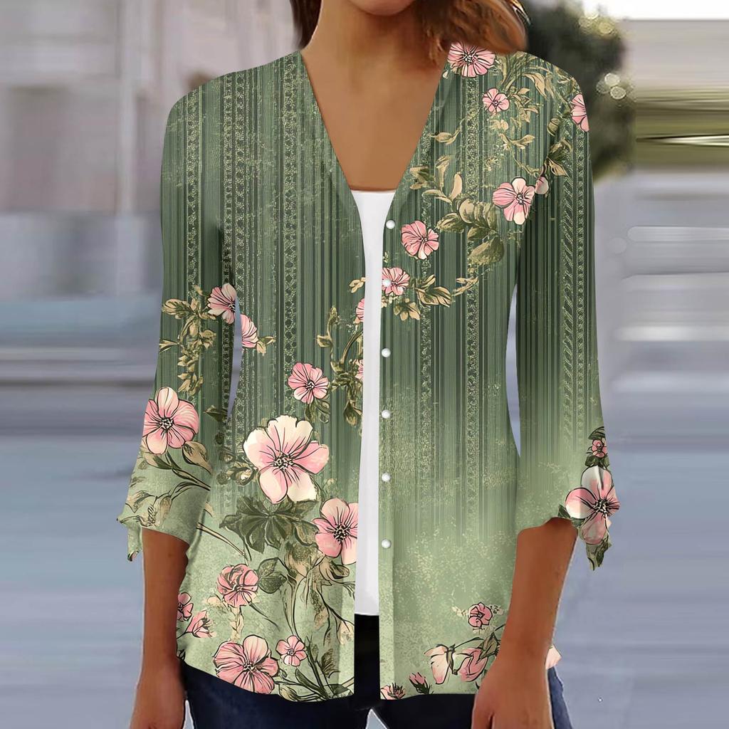 Women's Fashion Loose Casual Printed Seven-Part Sleeve Button Down Blouse Cardigan Top