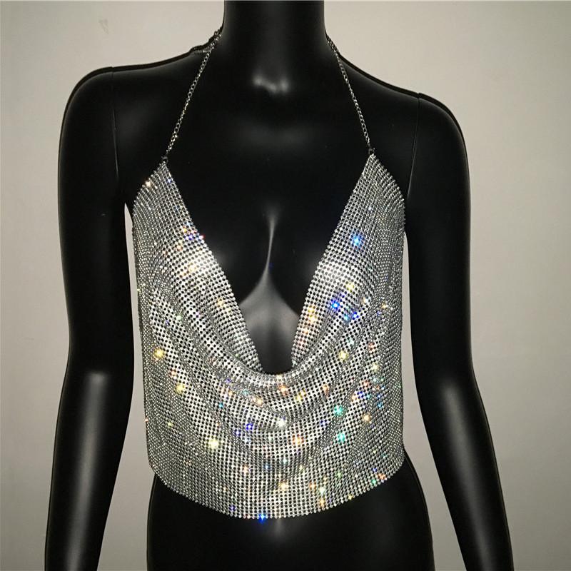Metallic Jewelry Top With Rhinestone Embellishments For Streetwear Style Women