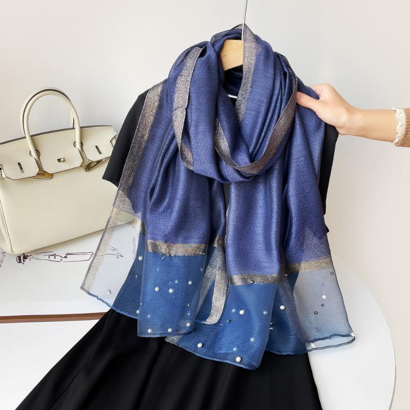 Spring new solid color pearl silk scarf women's imitation silk light large shawl long scarf scarf