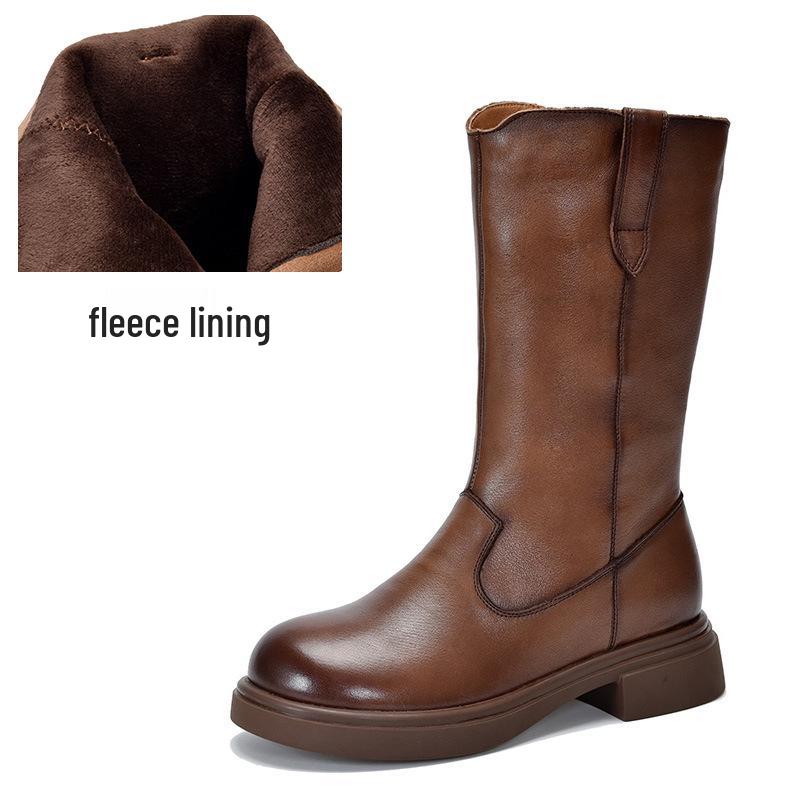 Botki jeździeckie do połowy łydki z prawdziwej skóry z bocznym zamkiem błyskawicznym, 2025 Jesień/Zima, ocieplane polarem, damskie kozaki na średnim obcasie ze skóry bydlęcej.