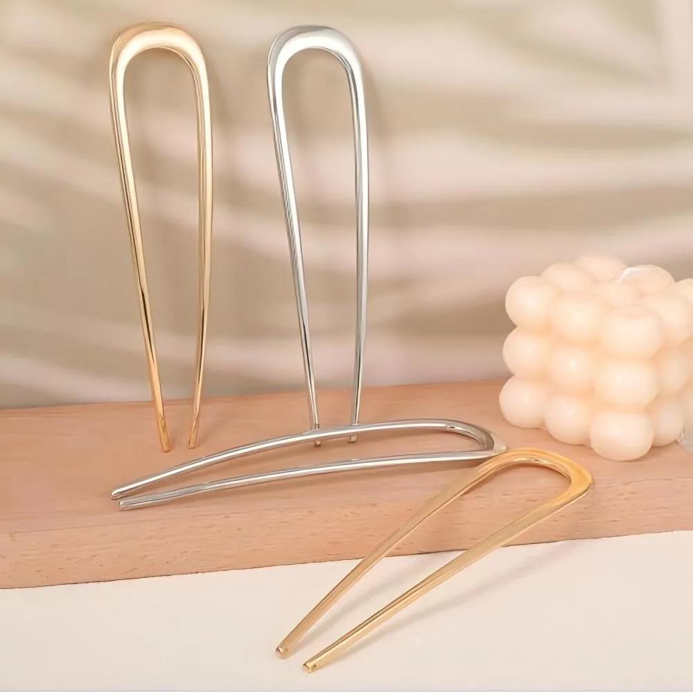 Simple Elegant U-Shaped Hairpin Gold Color French Hair Sticks Clips Long Thick Updo Bun Jewelry Accessories For Women Gift