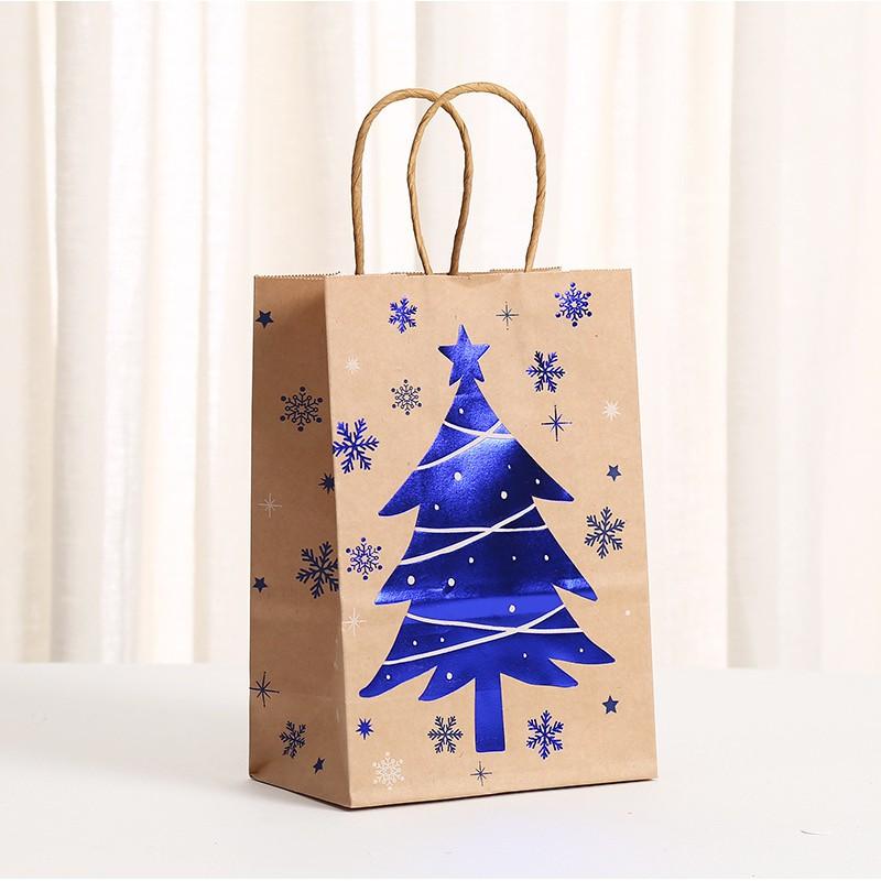 Blue Christmas Gift Bag Kraft Paper Party Favor With Cartoon Print Handheld Candy