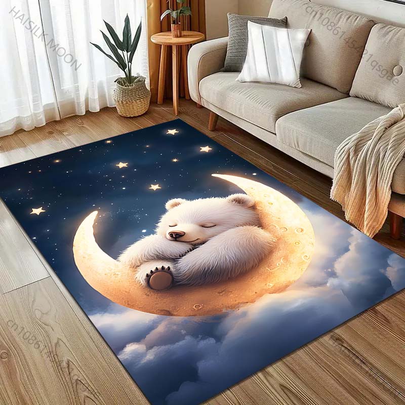 Kleiner Bär schläft auf dem Mond Druck Teppich für Schlafzimmer Wohnzimmer Bettseite Sofa Bodenmatte Moderne Heimdekoration Bereichsteppich Geschenke