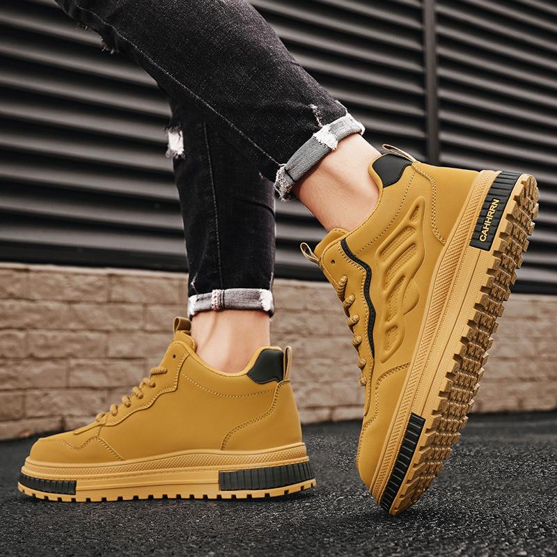 Autumn And Winter Men'S Leather Splicing Sports Board Shoes Retro Thick-Soled Heightening Lace-Up Casual Mid-Top Trendy Shoes Men'S Shoes