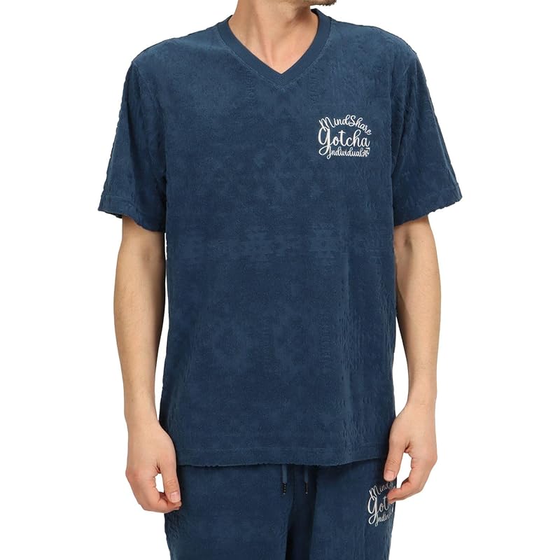 

[Gotcha] ortega jacquard pile V-neck T-shirt men s ladies short sleeve cut and sew Toweling spring/summer 252G1019 light blue S