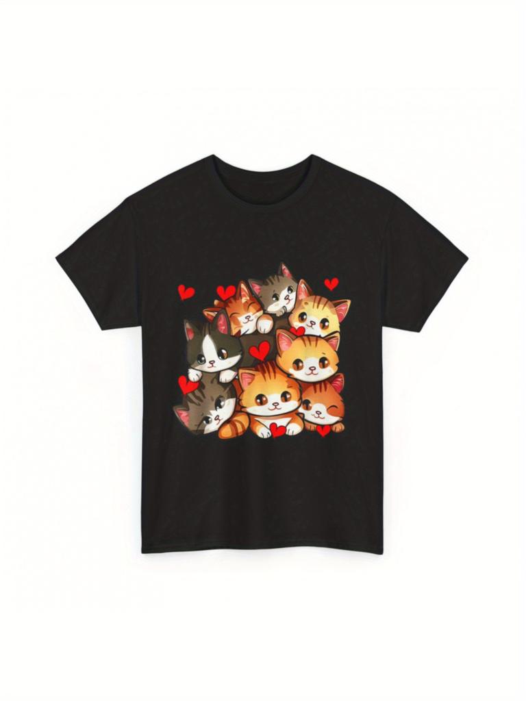 Cute Kitten Cluster Love Hearts Graphic Print Short Sleeve Crew Neck Cotton T-Shirt Casual Daily Tee