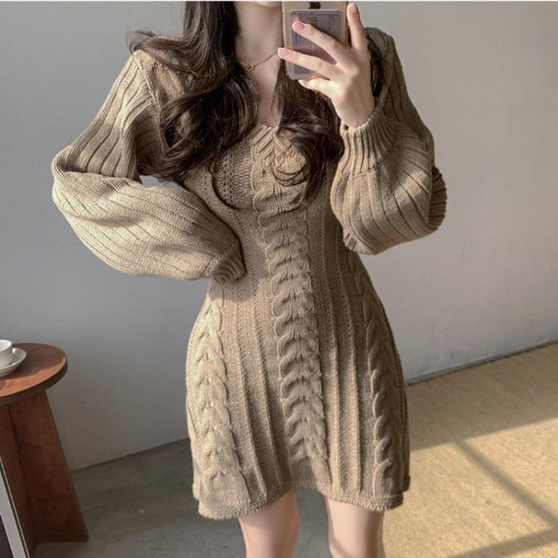 Fashion Elegant V-neck Long Sleeved Knitted Sweater Dress Korean Style Autumn Slim Fit Lace-up Long Sweater Solid Color Office Lady Dresses