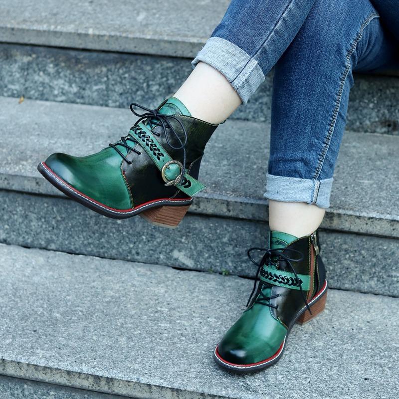 Herfst en winter nieuwe handgepolijste leren retro comfortabele dikke hak korte laarzen