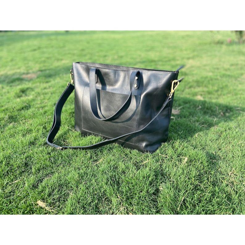 

Черная кожаная сумка-тоут для женщин большая рабочая сумка тоут для ноутбука учителей женская сумочка подарки для нее кожа полного зерна 16 x 12 x 5 in