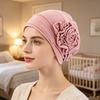 Turban Hat for Women, Side Flower Decor Head Wrap, Pure Color High Elasticity Turban Cap for Sensitive Scalp Postpartum Care Sleep