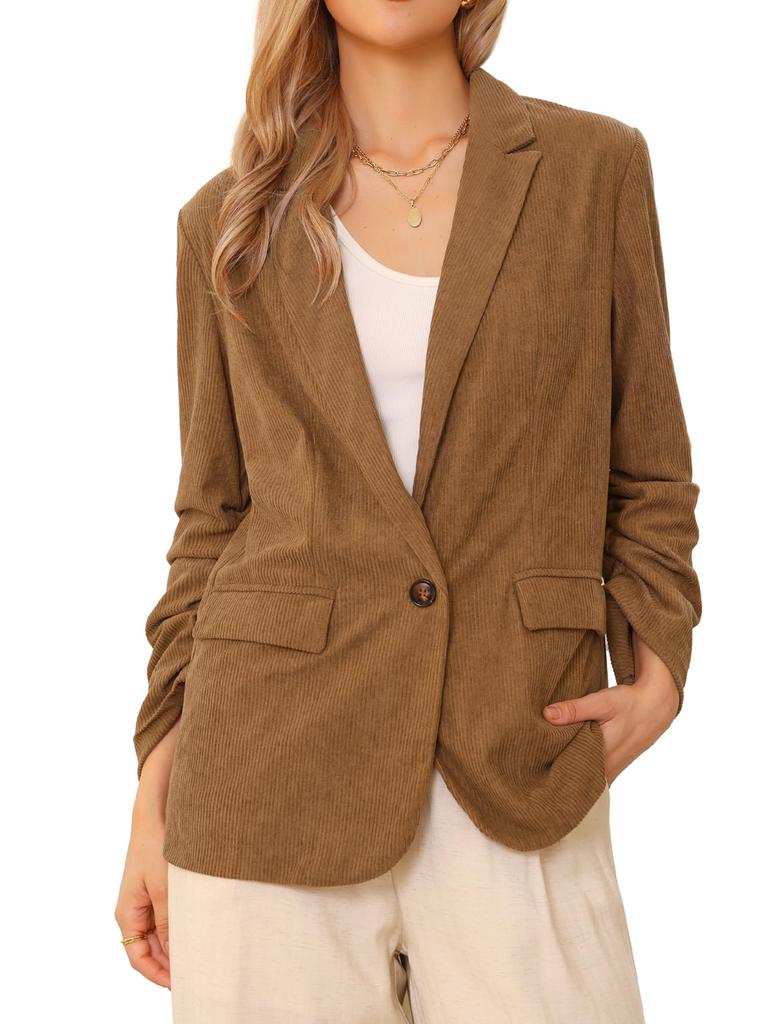 Allegra K Women's Corduroy Jacket with Shirred Sleeves, One Button, Lapel Pockets, Work Blazer, Brown, Size M
