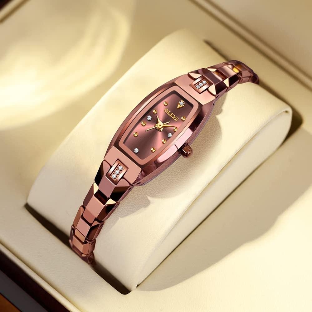 OLEVS Women's Slim Thin Watch Tonneau Square Diamond Quartz Rose Gold Steel Band Model 5501 3 ATM Water Resistant Ladies Gift