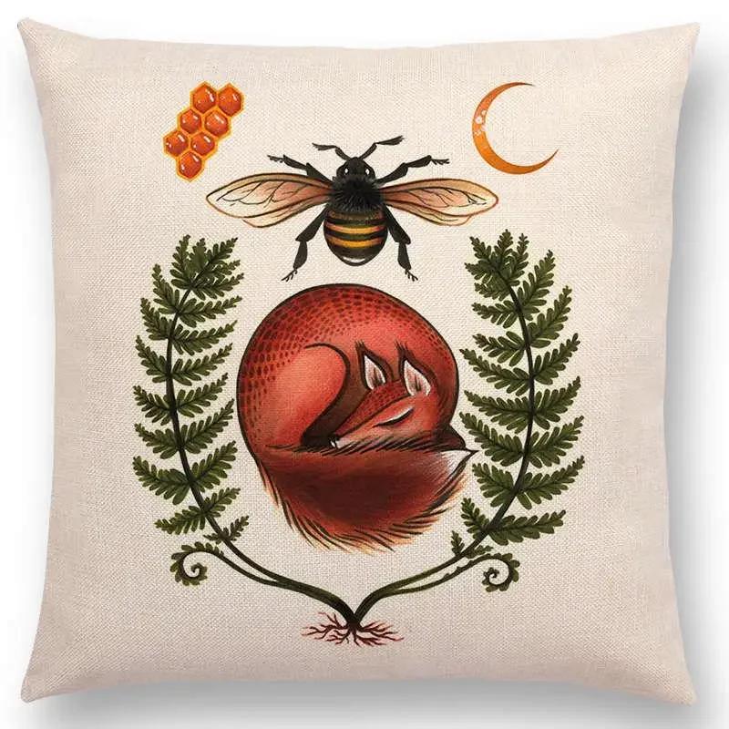Retro Mystery Watercolor Art Totem Sofa Pillow Case Animals Deer Bear Bird Fish Fox Owl Snake Rabbit Heron Bee Cushion Cover