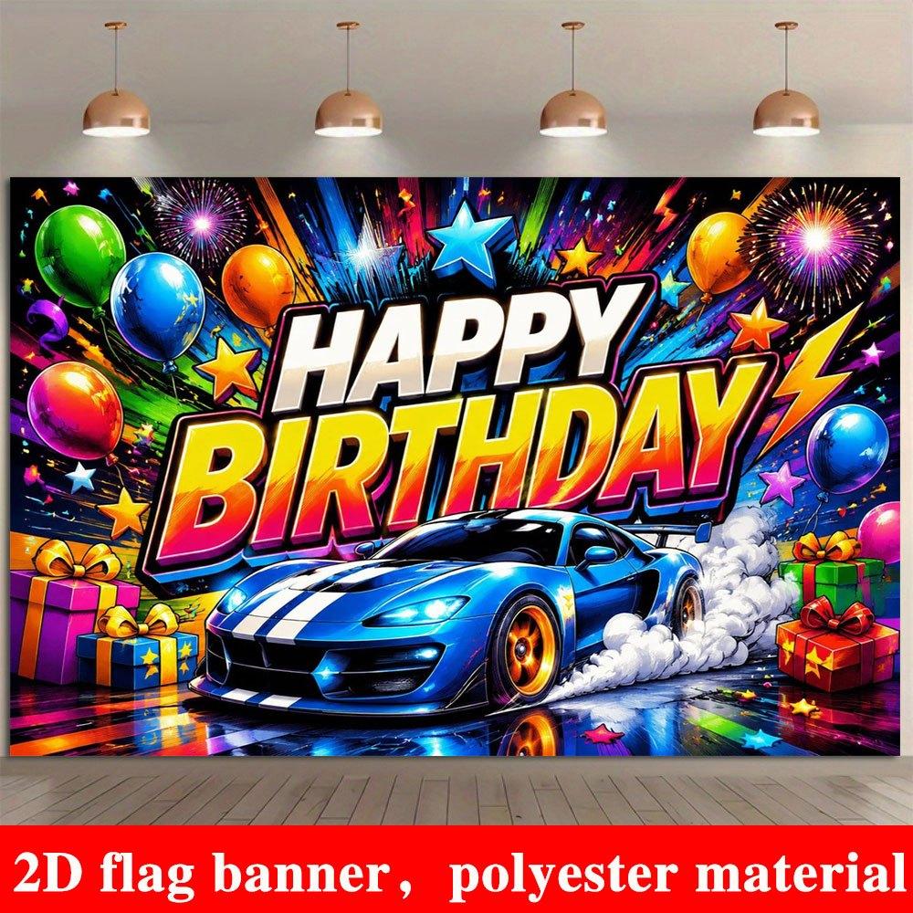 2D Flat Banner, Birthday Party Backdrop, Sports Cars, Balloons, Gift Boxes, Fireworks, Polyester