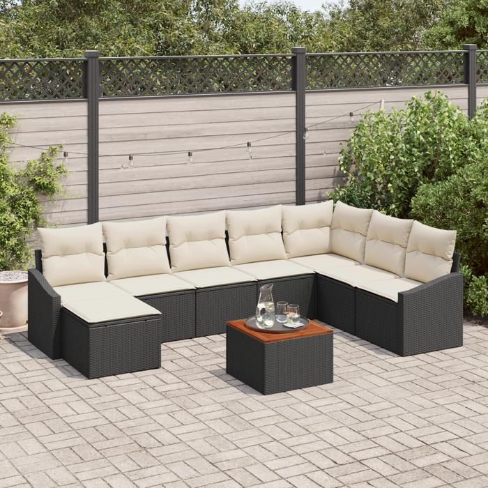 VidaXL Ensemble de canapé de jardin 9 pièces avec coussins noir en poly rattan acacia 3356535