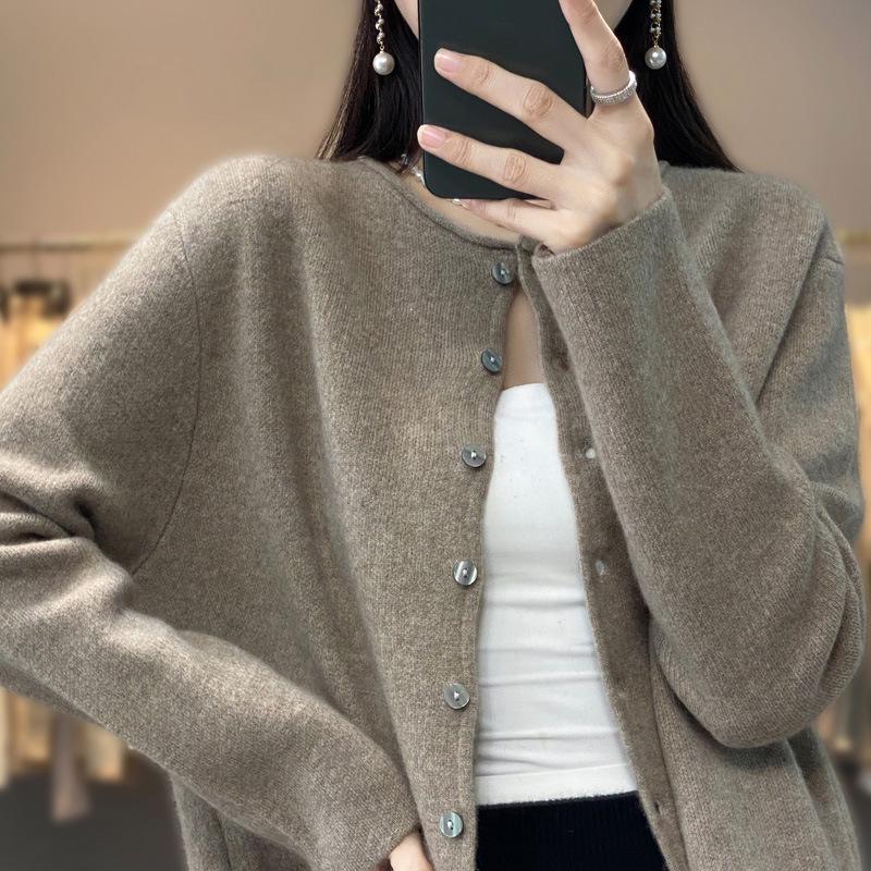 2025 Women's Autumn/Winter Slimming Wool Knit Cardigan - Round Neck, Rolled Edge, Solid Color Sweater Coat