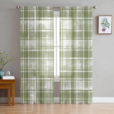 Sage Green Watercolor Plaid Tulle Curtains for Living Room Sheer Curtain for Bedroom Kitchen Blinds Voile Curtains