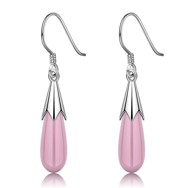 Qiaolanxuan Korean Style Sterling Silver Cat's Eye Teardrop Earrings with Natural Crystal