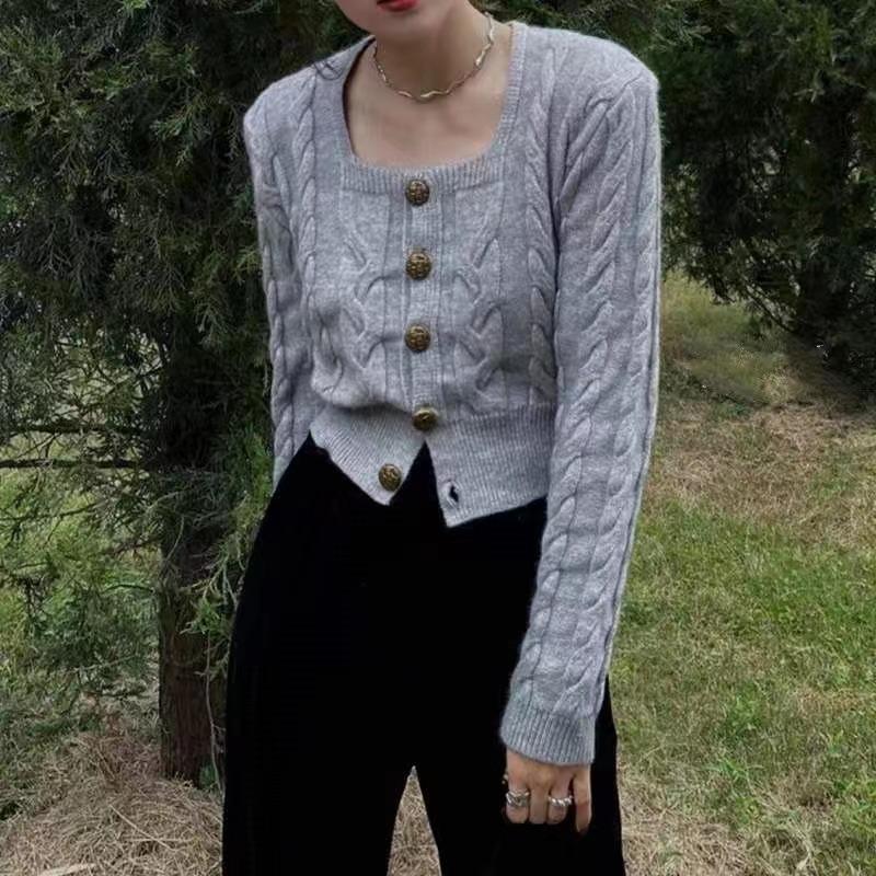 Twist square neck sweater women's loose and thin autumn new college style niche design knitted cardigan women