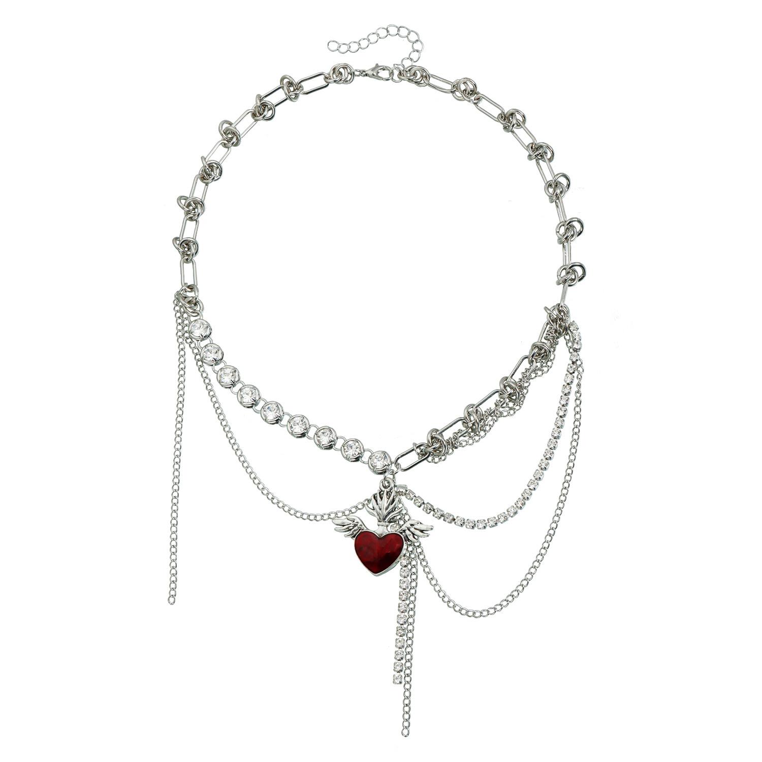 Wings red love round diamond fringed necklace ins splicing personality necklace