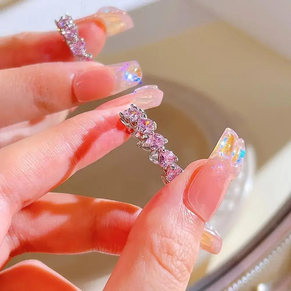 Adjustable Crystal Rings Y2K Pink Irregular Geometry Vintage Bowknot Heart Ring Set for Women Girl 2023 New Fashion Jewelry Gift