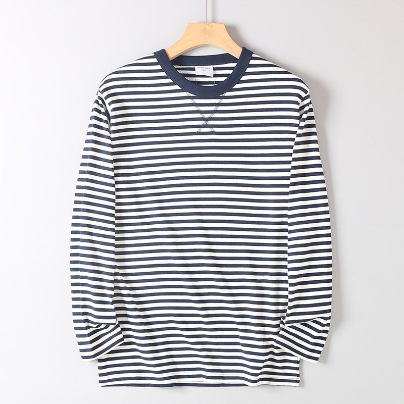 Men's Loose Casual Round-Neck Long-Sleeve T-Shirt Made of 100% Cotton, Washed, Double-Sided, Yarn-Dyed Striped Sailor Shirt, Suitable as a Base Layer