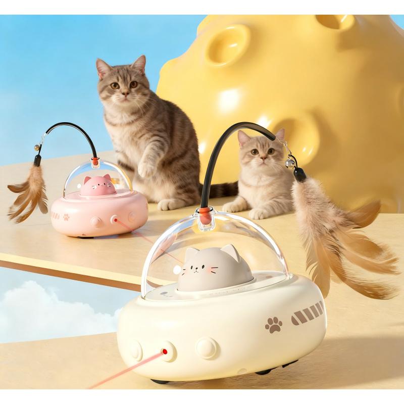 Intelligentes Elektrisches Katzen-Spielzeug UFO Automatisches Interaktives Katzen-Spielzeug mit Feder & Glocke, Bewegungssensor Laser Katzen-Spielzeug für Wohnungskatzen