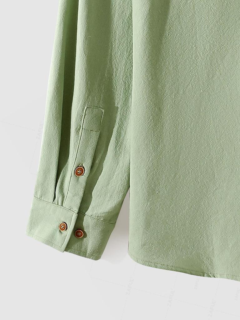 ZAFUL Men's Minimalist Style Cotton and Linen Textured Front Pocket Design Half Button Stand Collar Pullover Long Sleeves Shirt