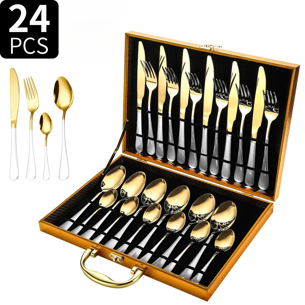 24PCS Stainless Steel Metal Cutlery Knife Fork Spoon Set with Storage Gift Box Quality Cutlery Set for Home Restaurant Tableware